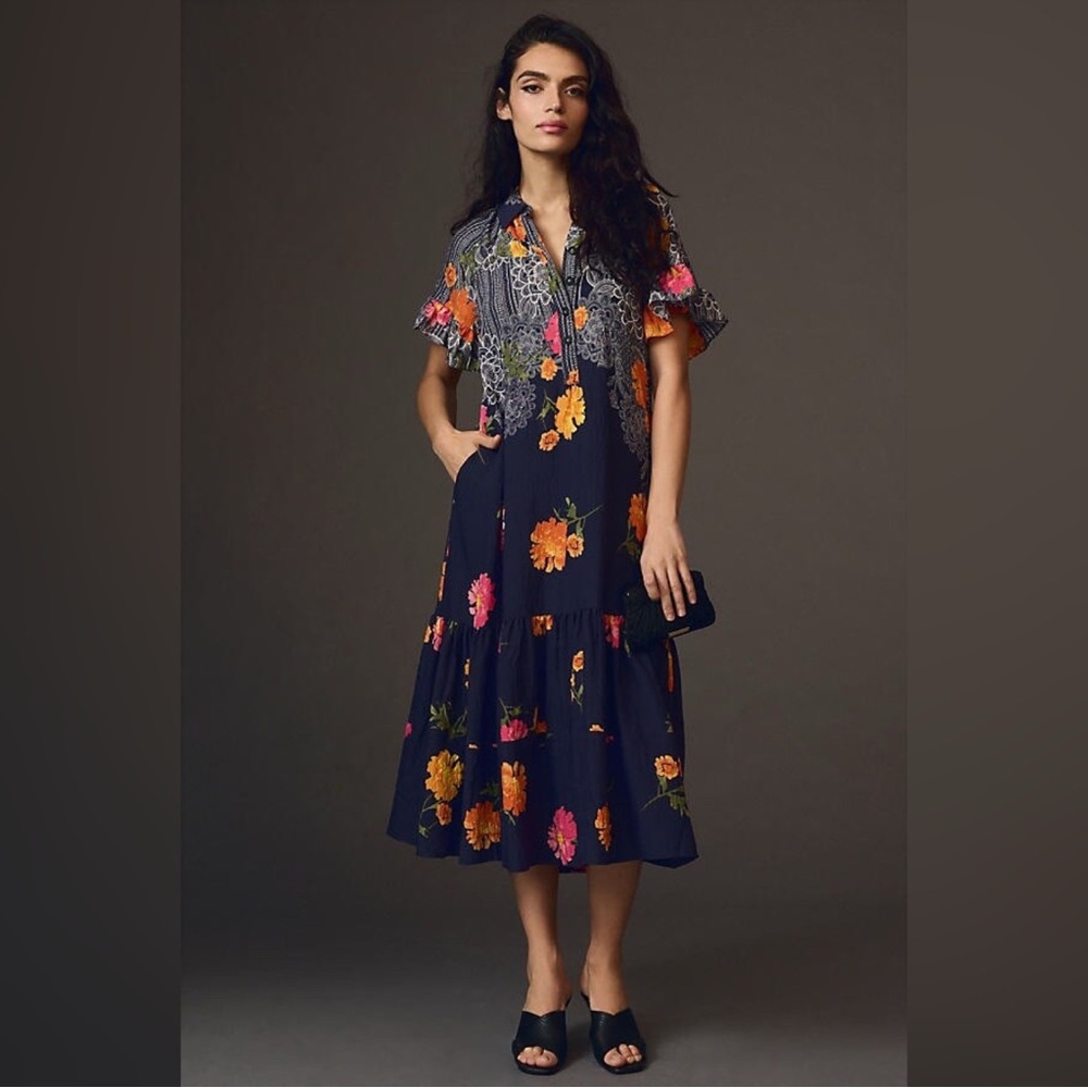 Anthropologie Floral Abstract Short Sleeve Midi Dress XXS